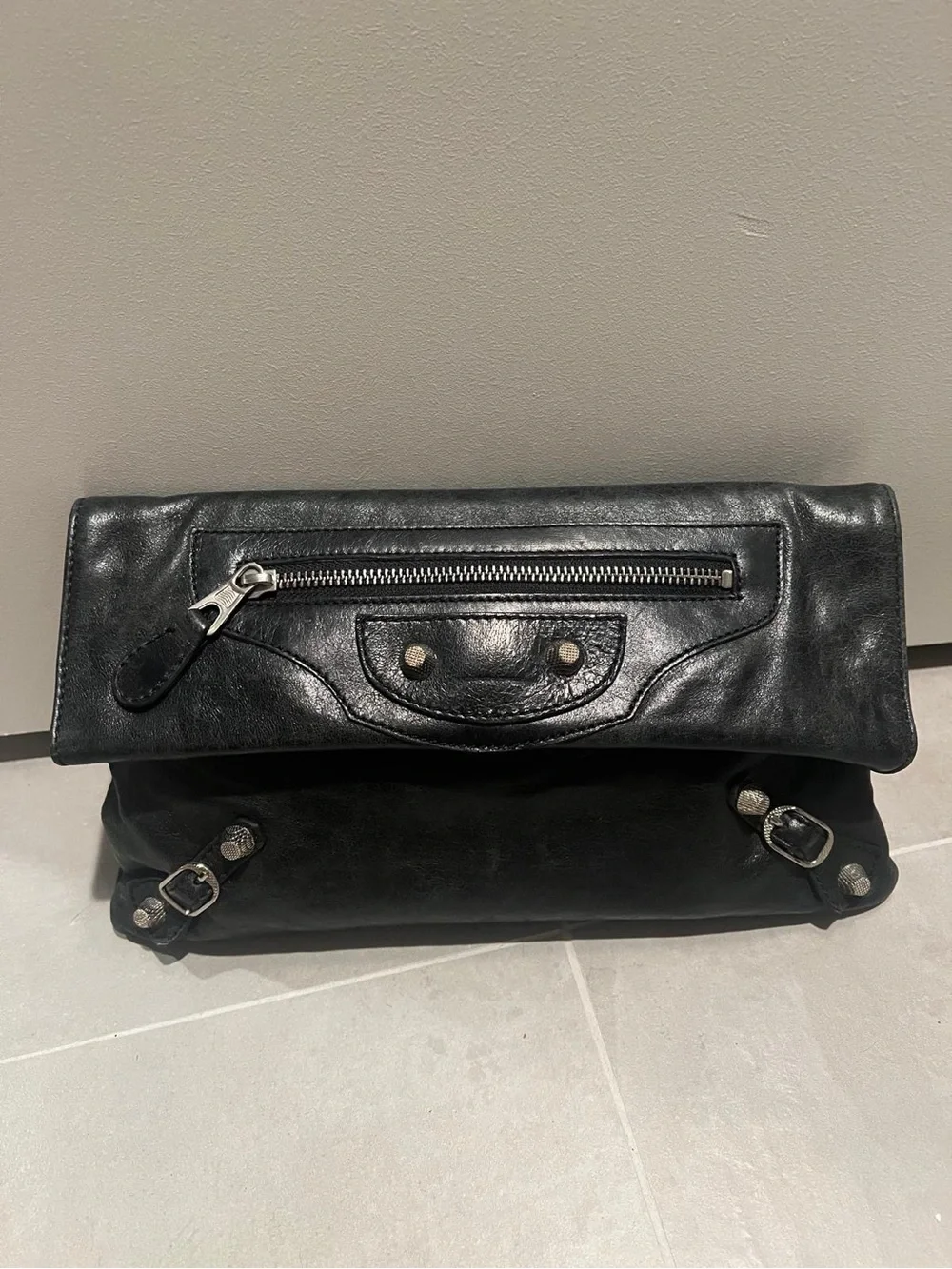 Balenciaga Black Leather Fold-Over Messenger Bag with Silver Hardware authentic